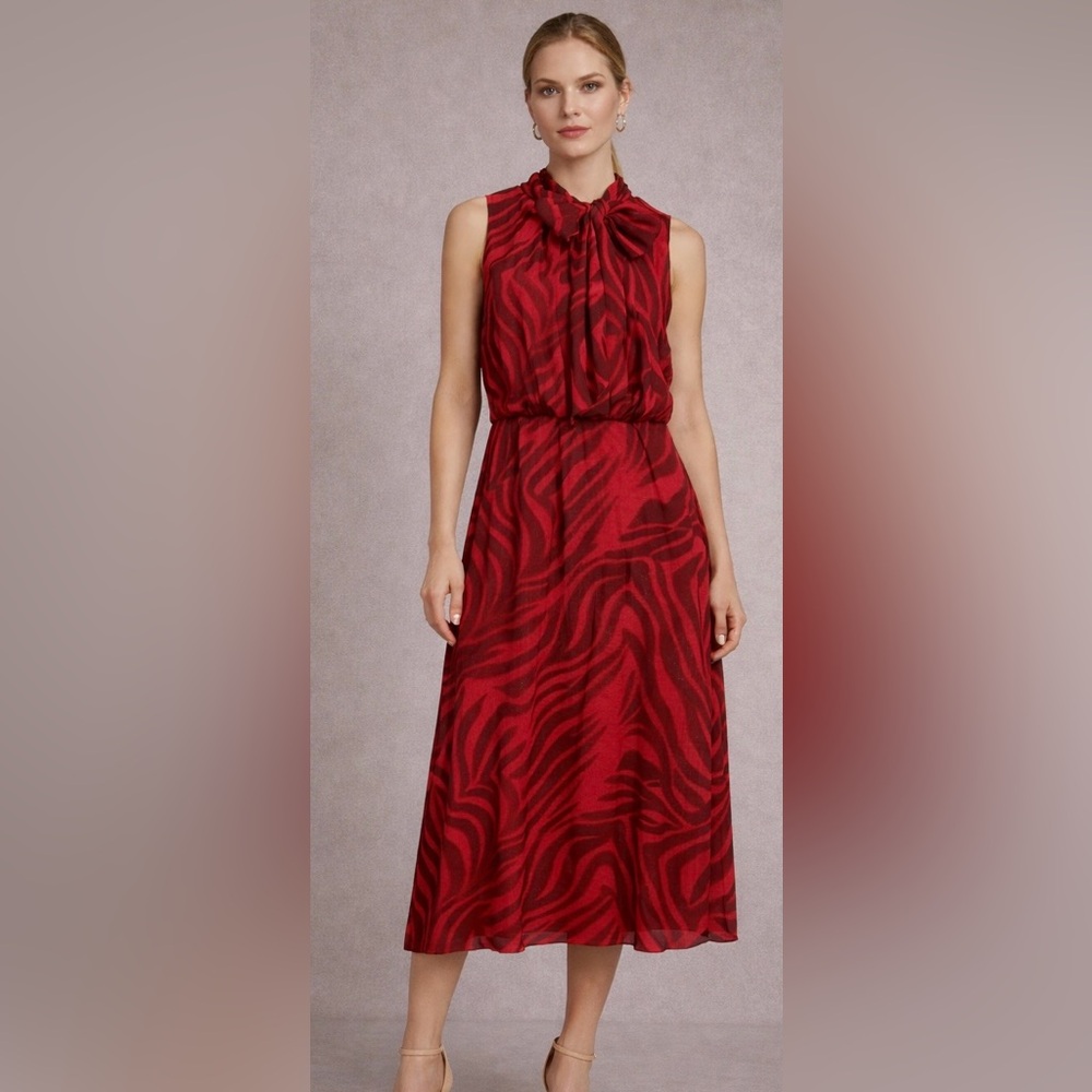 London Times Petite 14P Zebra Print Tea Length Midi Dress